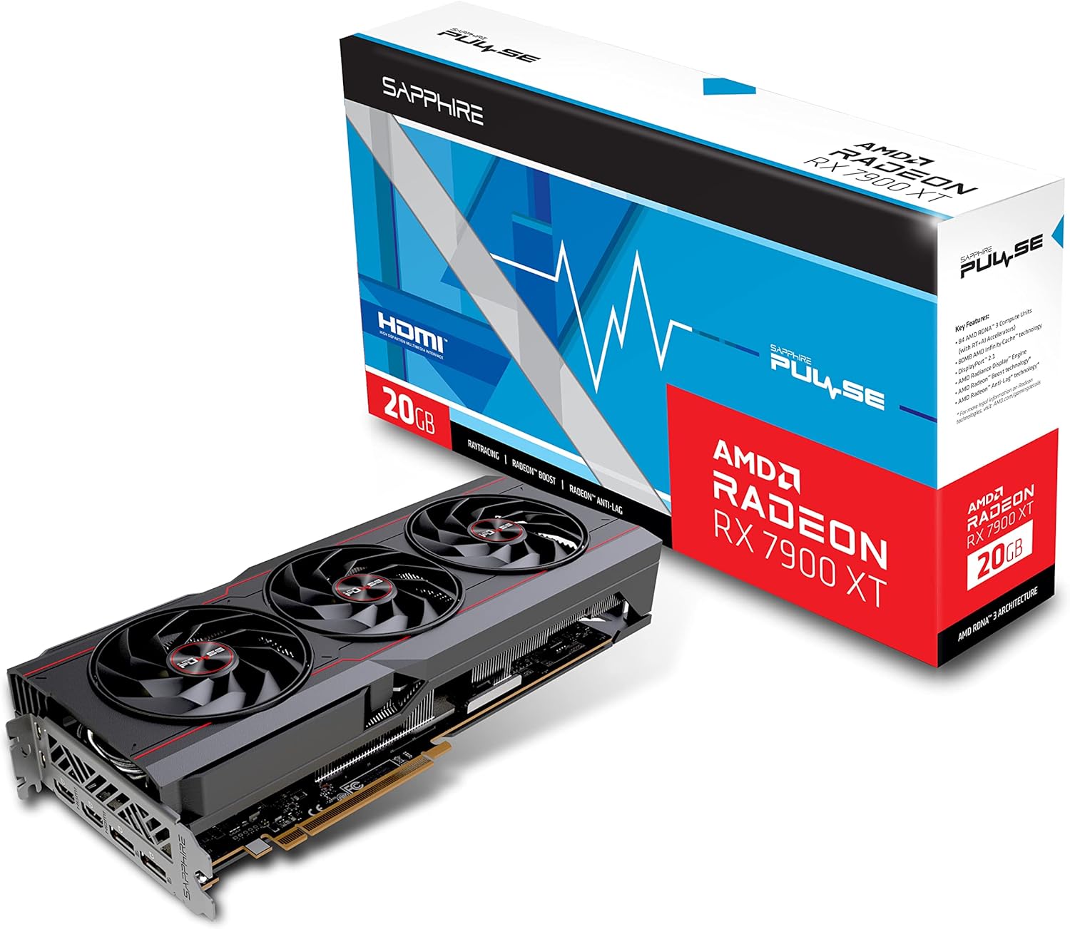 AMD Sapphire Radeon RX 7900 XT graphics card sitting next to its retail box.