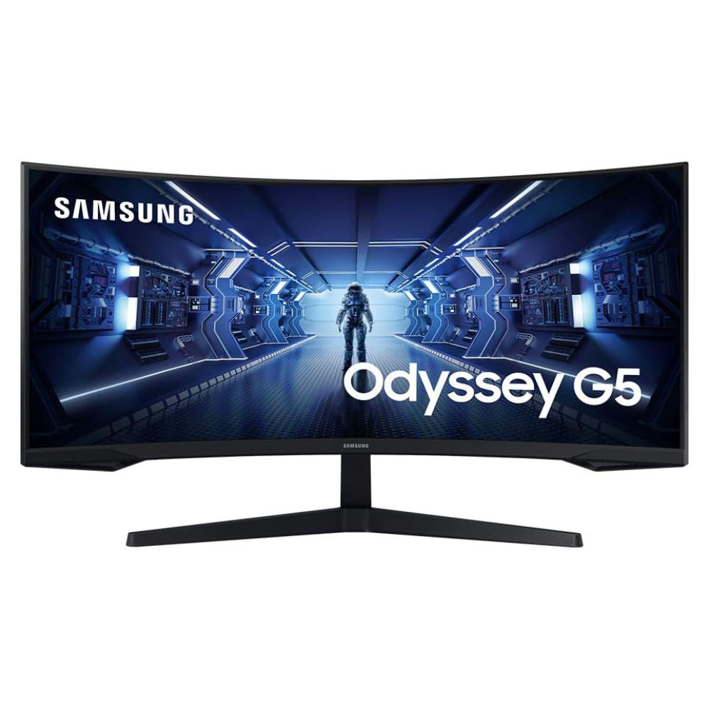 Samsung Odyssey G5 gaming monitor from 2020 against a white background.
