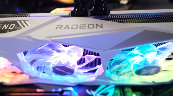 ASRock Radeon RX 7600 XT 16GB Steel Legend OC with RGB on.