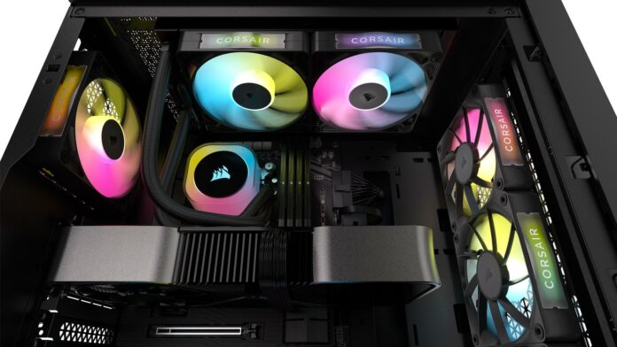 Black Corsair iCUE Link RX120 RGB fans installed in a chassis.