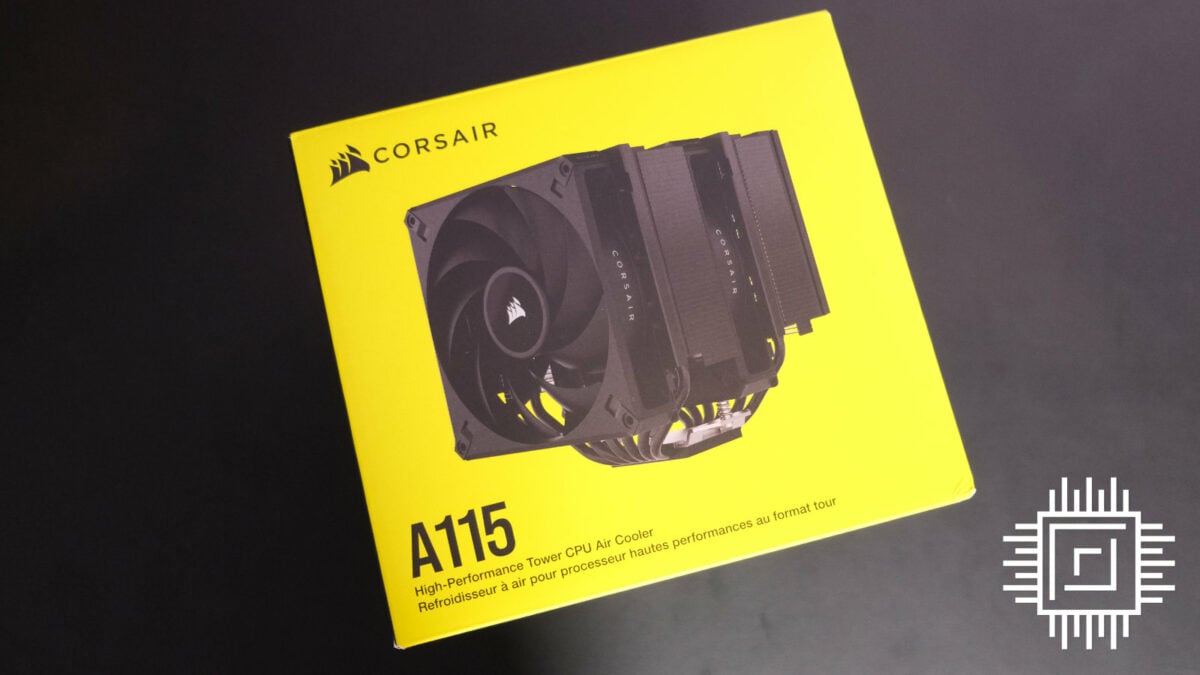 Corsair A115 CPU cooler in its yellow retail packaging.