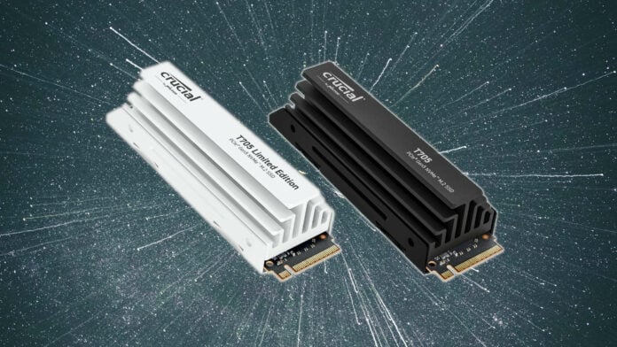 Crucial T705 PCIe Gen 5 SSDs on a star background.