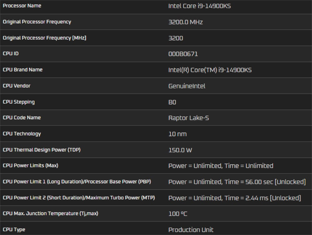 Intel 14900KS Specifications Part 1 via OCCT Benchmark