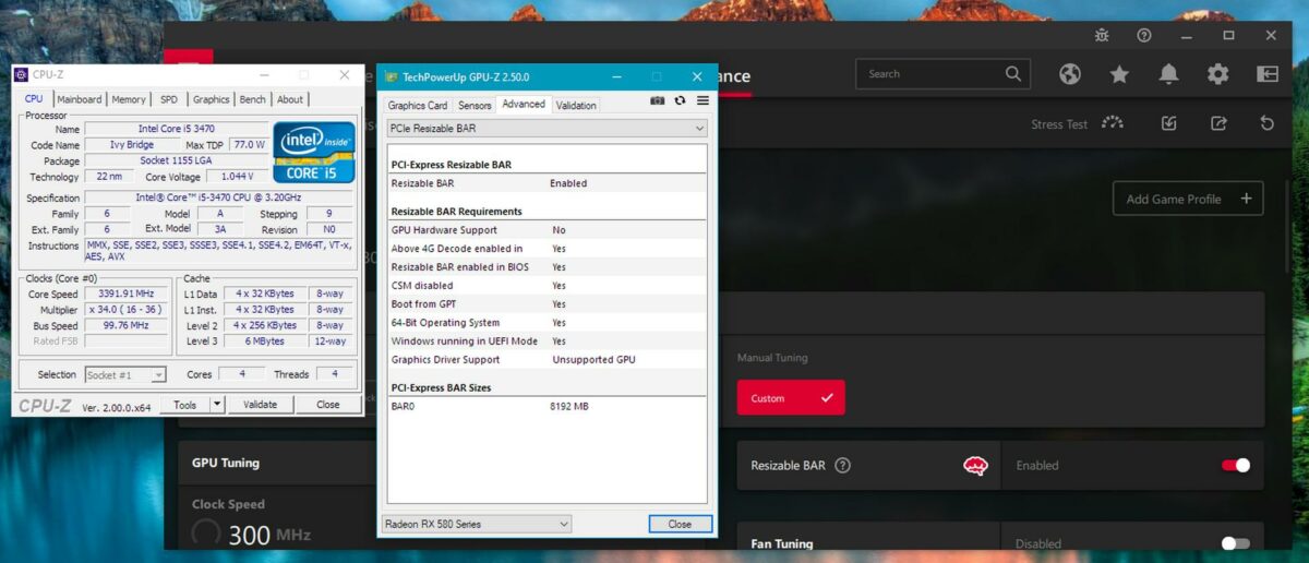 ReBar enabled on an Intel Core i5-3470 CPU.