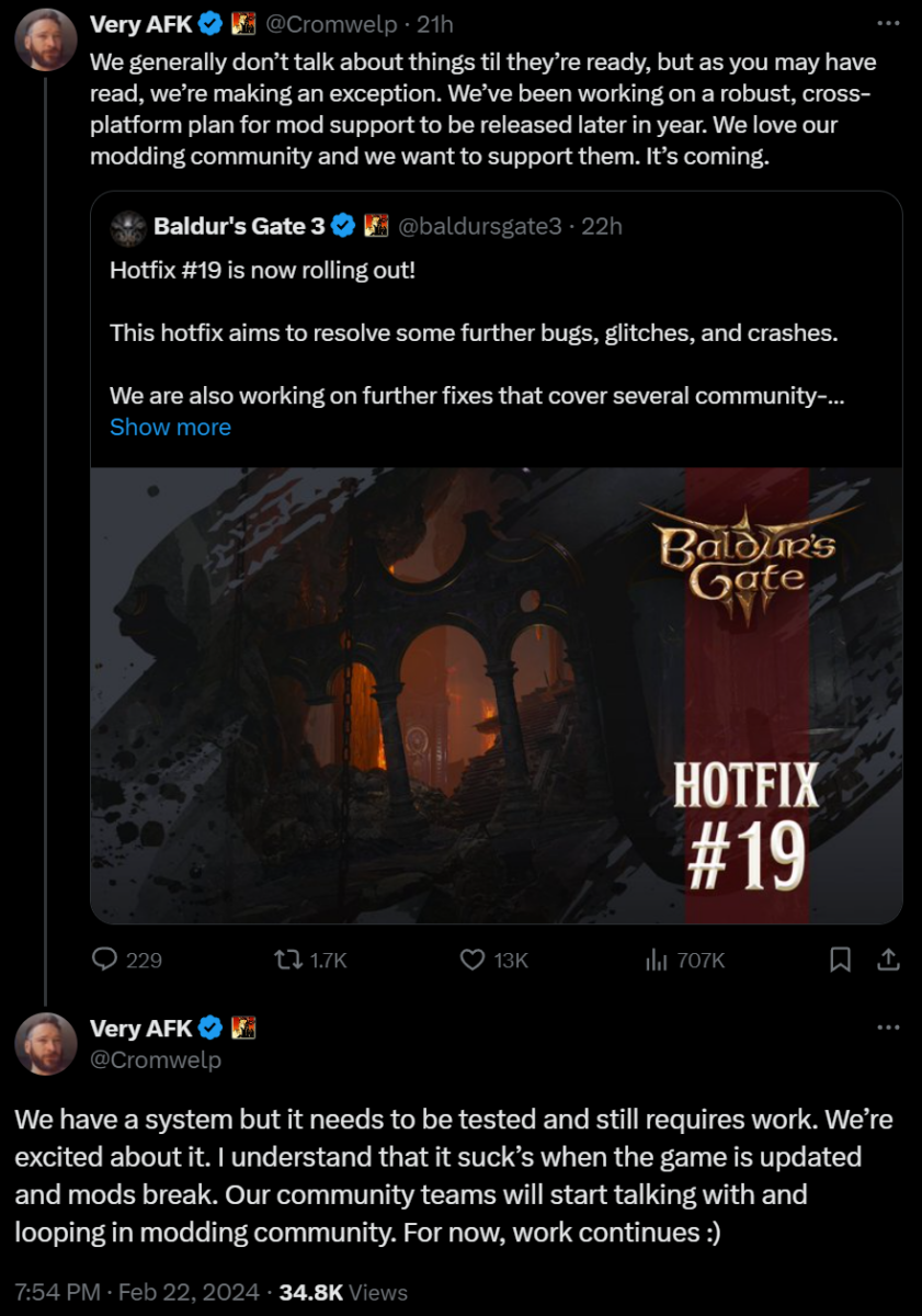 Larian Studios director of publishing, Michael Douse, says "We want to continue making sure you're getting the best possible experience, which is why we frequently patch the game, although this does inevitably mean that each new patch or hotfix has the potential to become incompatible with your favourite mods. We know this sucks, we know you want to play with mods, and we want to make this right."