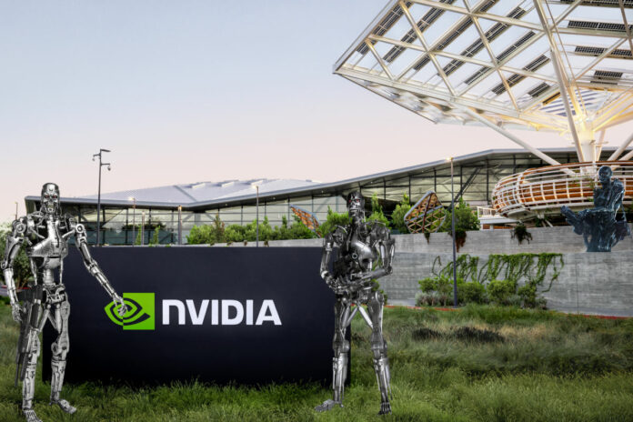 Terminator T1000s guarding Nvidia Voyager HQ exterior.