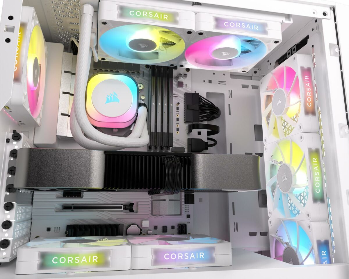 White Corsair iCUE Link RX120 RGB fans installed in a chassis.