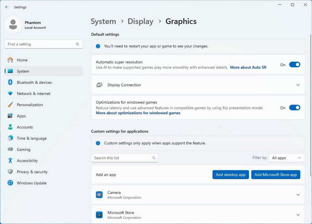 Windows 11 graphics settings.