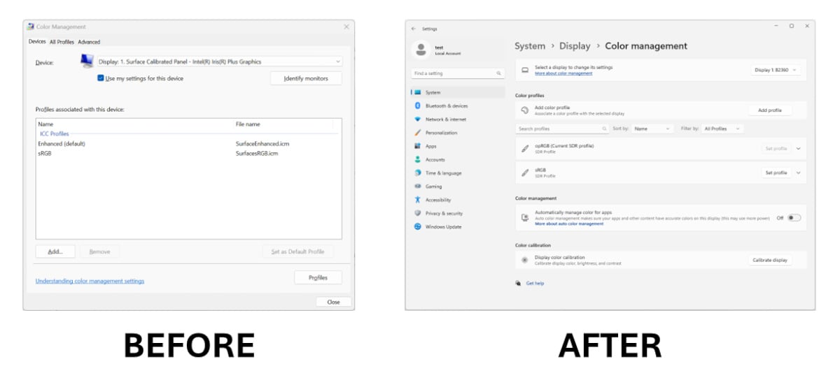 Windows Colour management before and after view.