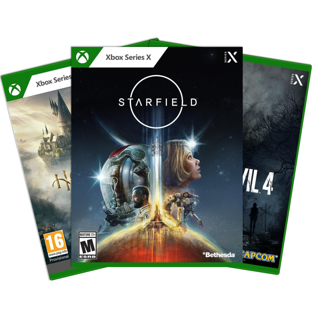 Starfield, Resident Evil 4, and Hogwarts Legacy Xbox Series X/S game boxes. 