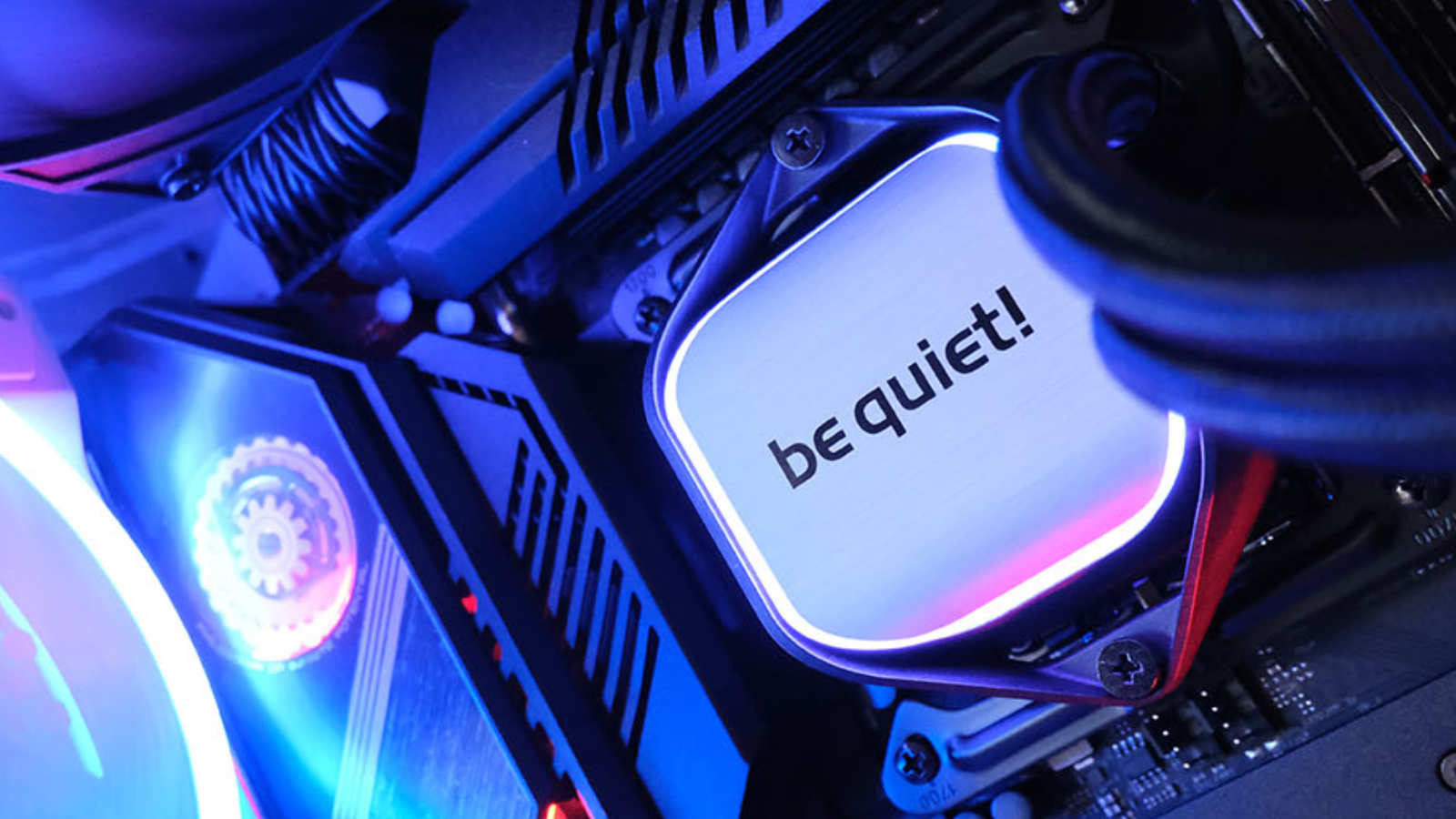 be quiet! Pure Loop 2 280mm AIO cooler with gorgeous blue and pink lighting.