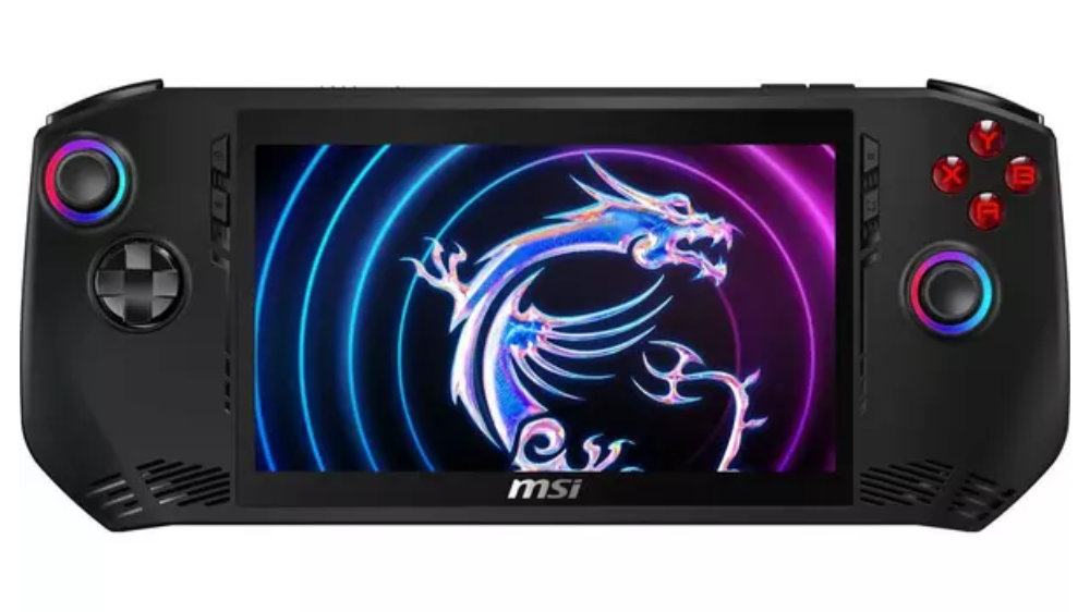MSI Claw A1M gaming handheld with the brand's logo on screen.