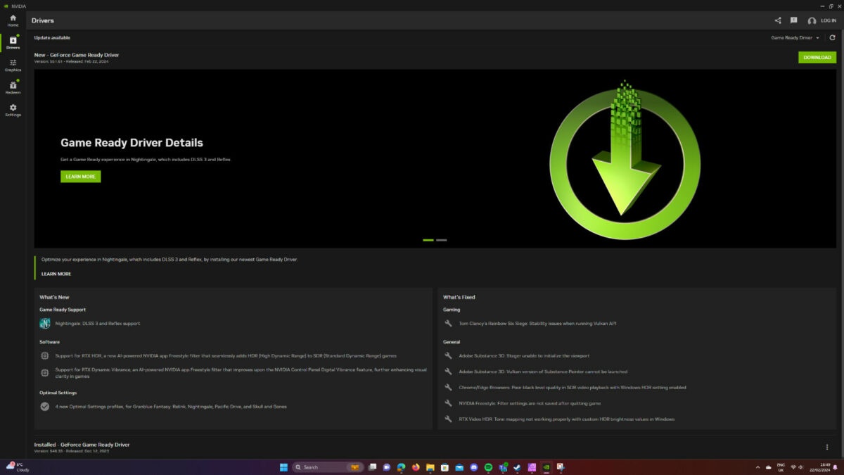 Nvidia App Drivers section displays the patch notes for the latest drivers.