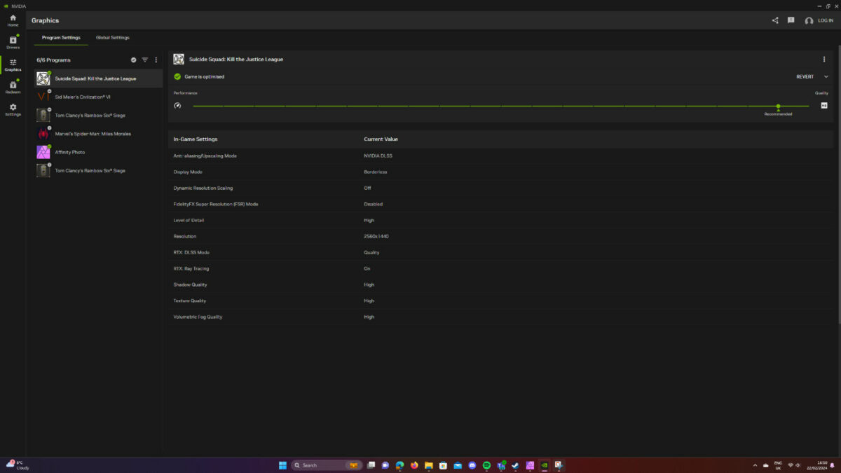 Nvidia App Graphics tab showcases your individual game settings.