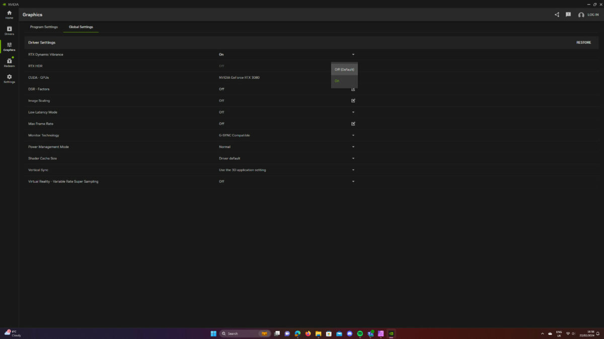 Nvidia App Graphics global settings grants access to RTX HDR.