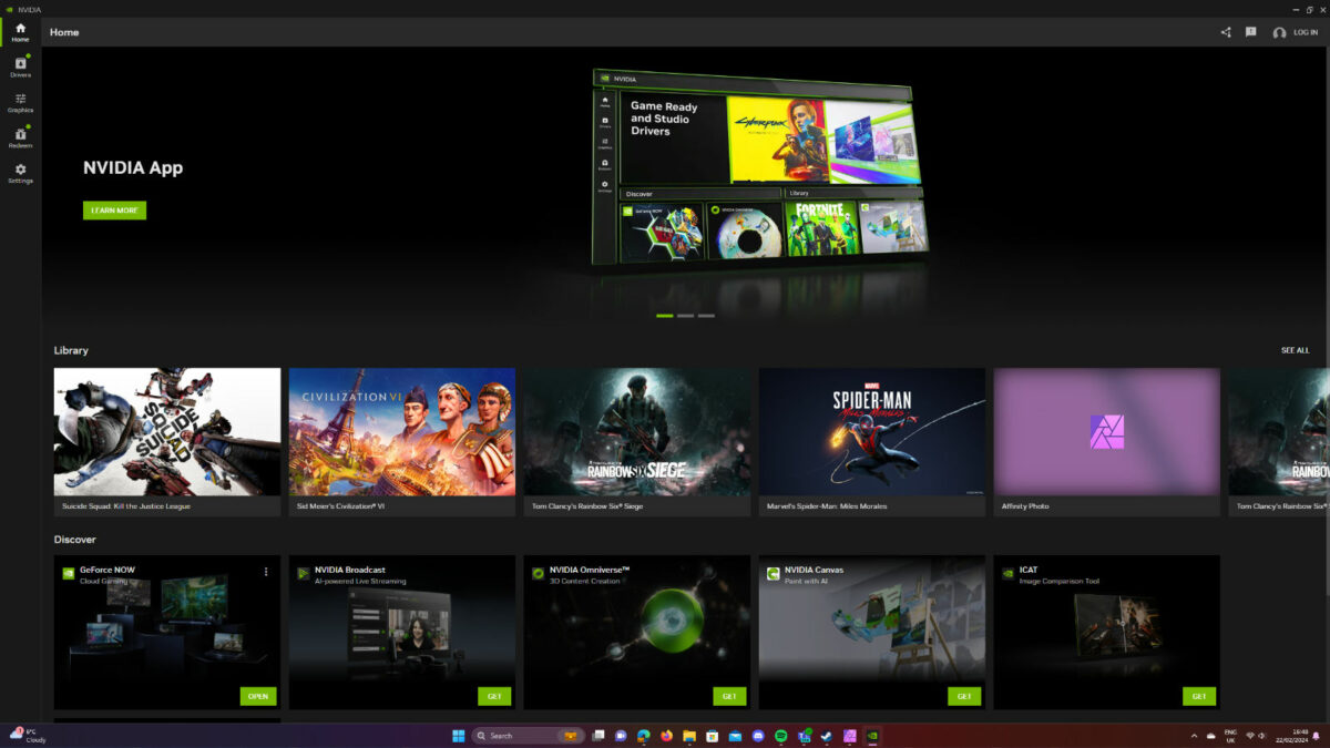 Nvidia App homepage with your game library and a discover section for other Nvidia apps.