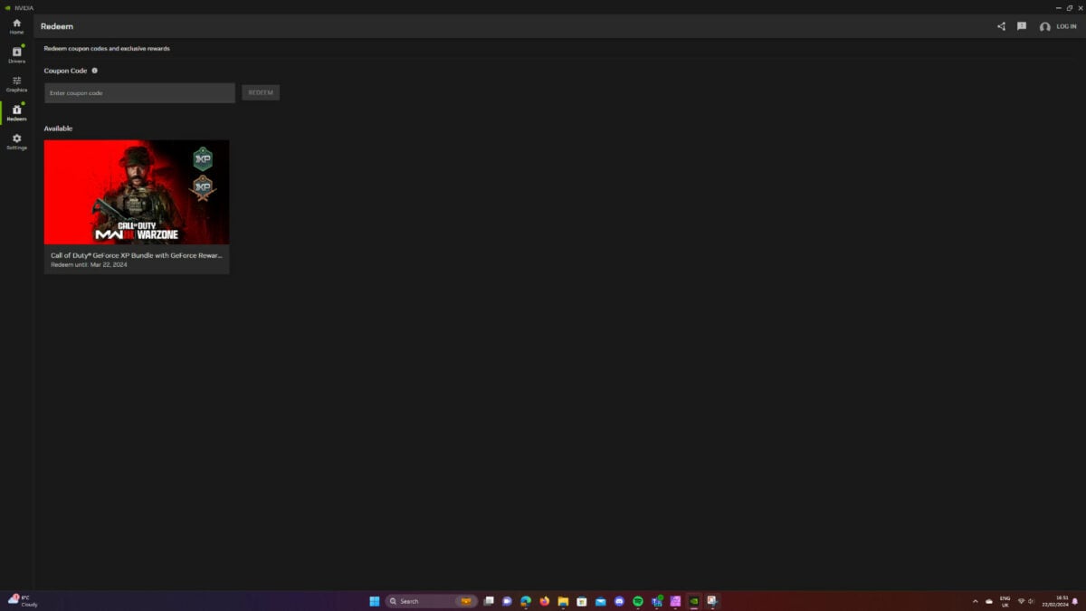 Nvidia App redeem section with current Warzone rewards.