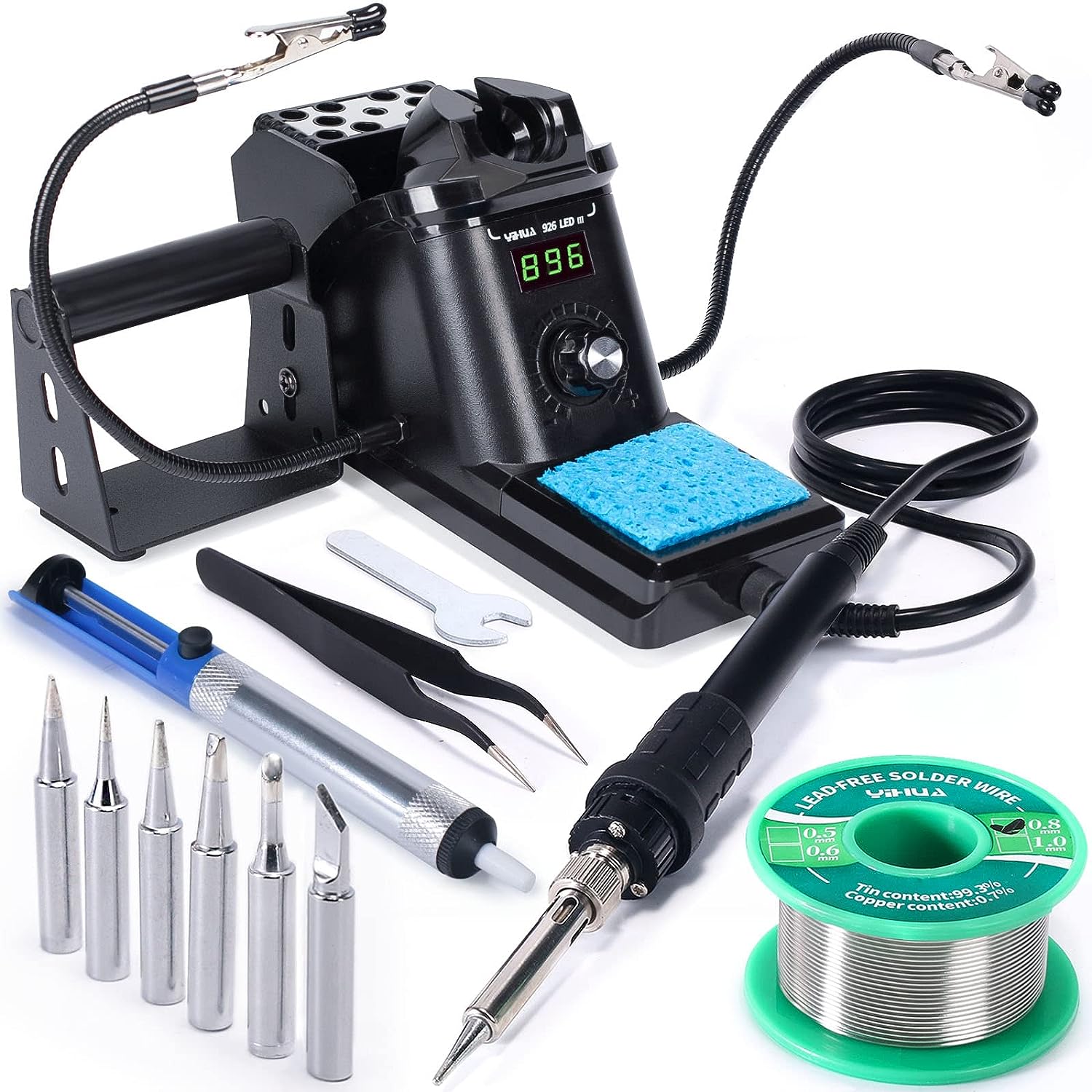Soldering iron product image with different heads and wire.