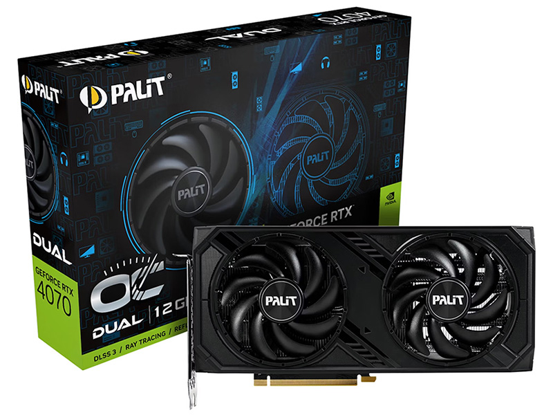 Palit GeForce RTX 4070 Dual OC with box set against a white background.