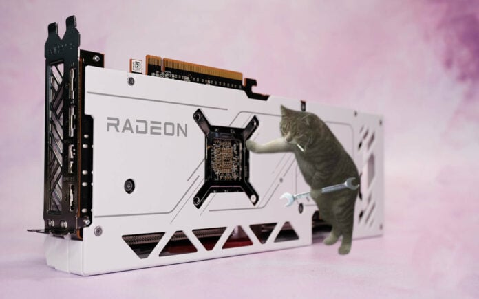 A cat fixing a Sapphire Pure RX 7900 GRE graphics card.