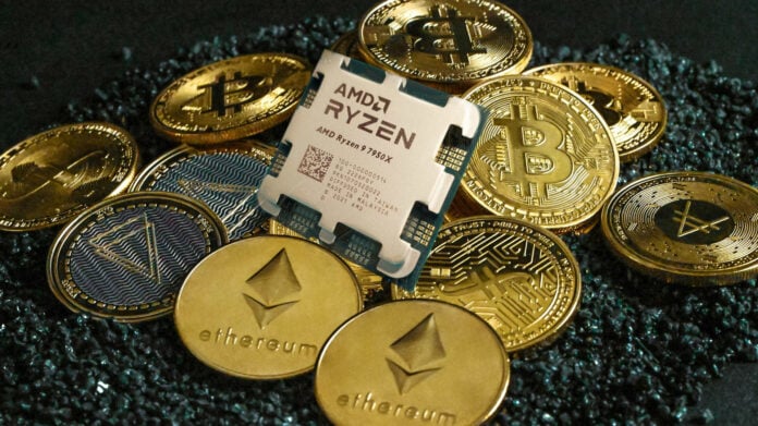 AMD Ryzen 9 7950X CPU on top of cryptocurrency coins.