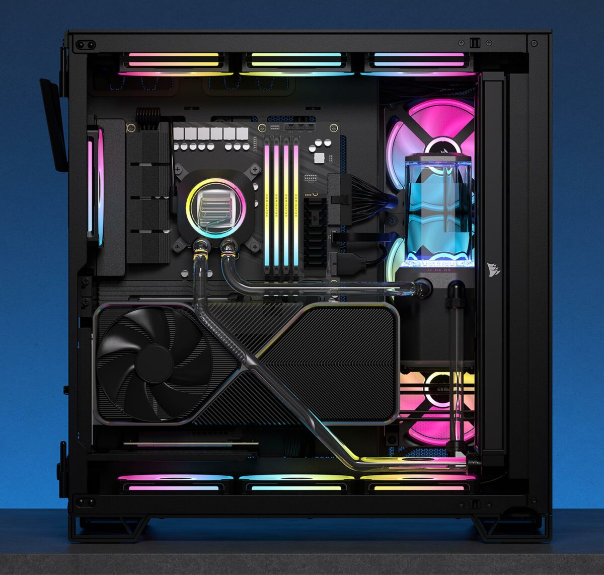 Corsair Hydro X Series iCUE Link XH405i RGB Custom Cooling Kit in a black case.