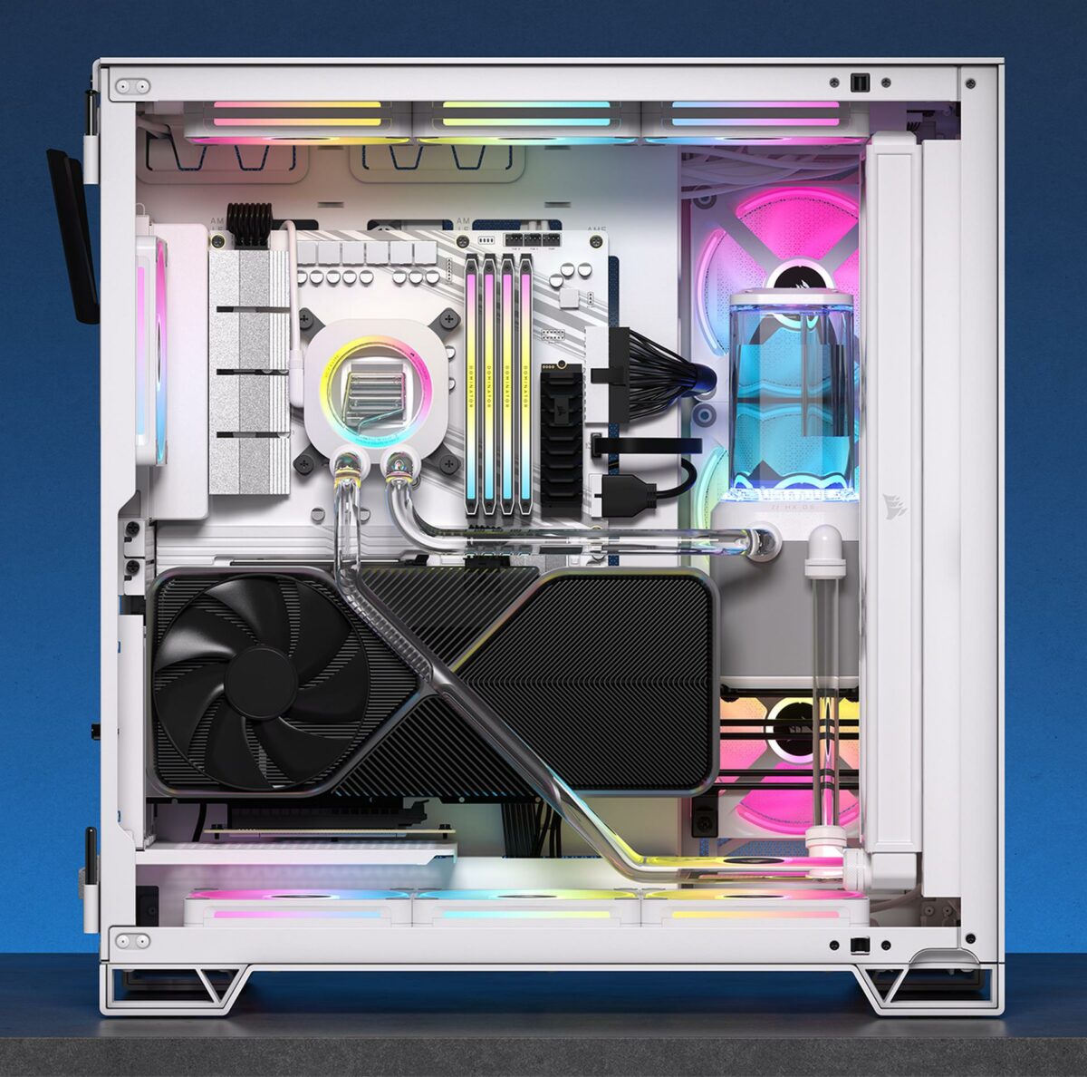 Corsair Hydro X Series iCUE Link XH405i RGB Custom Cooling Kit in a white case.
