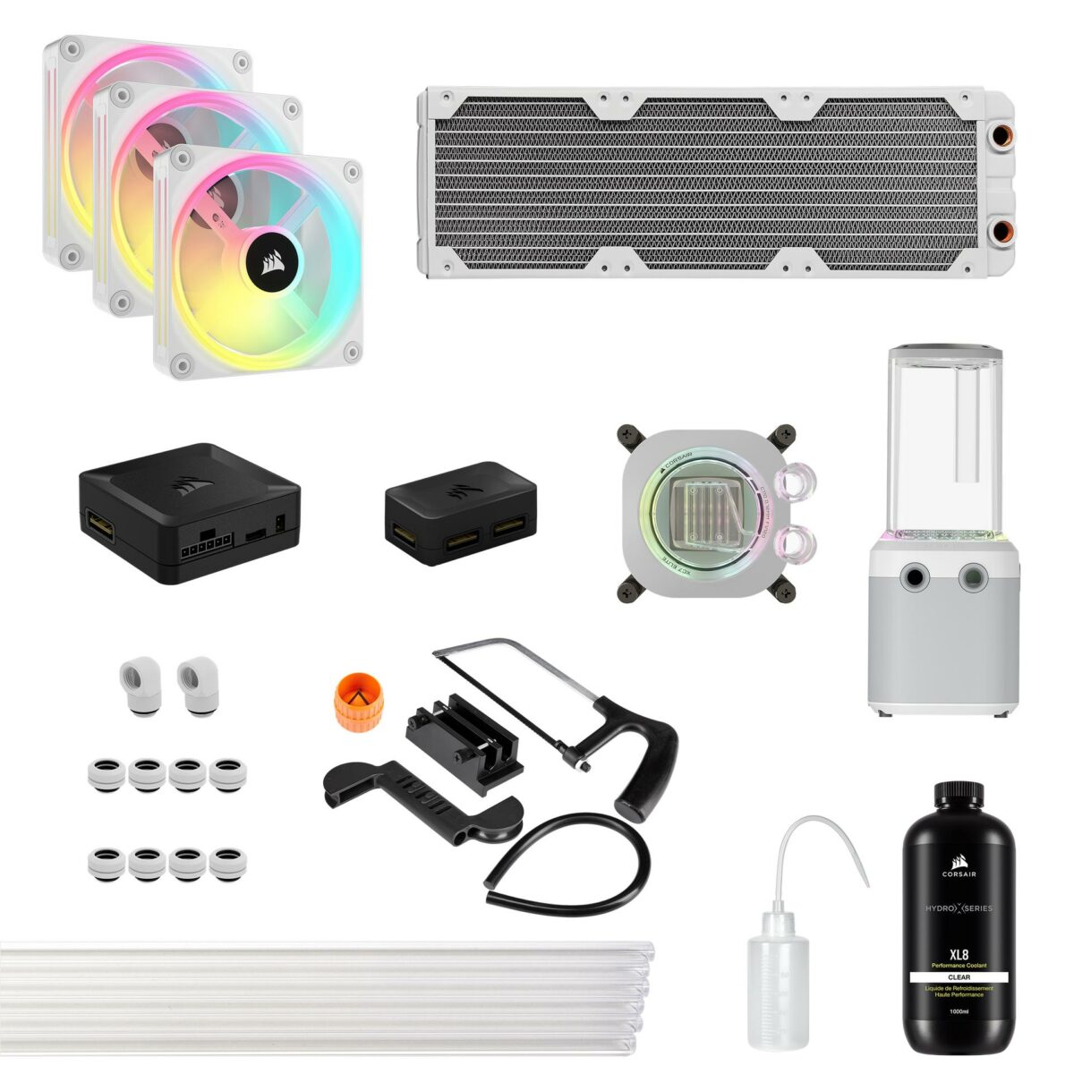 Corsair Hydro X Series iCUE Link XH405i RGB Custom Cooling Kit in white.