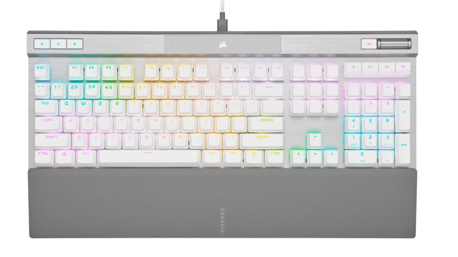 Corsair K70 Pro RGB gaming keyboard in white against a white background.