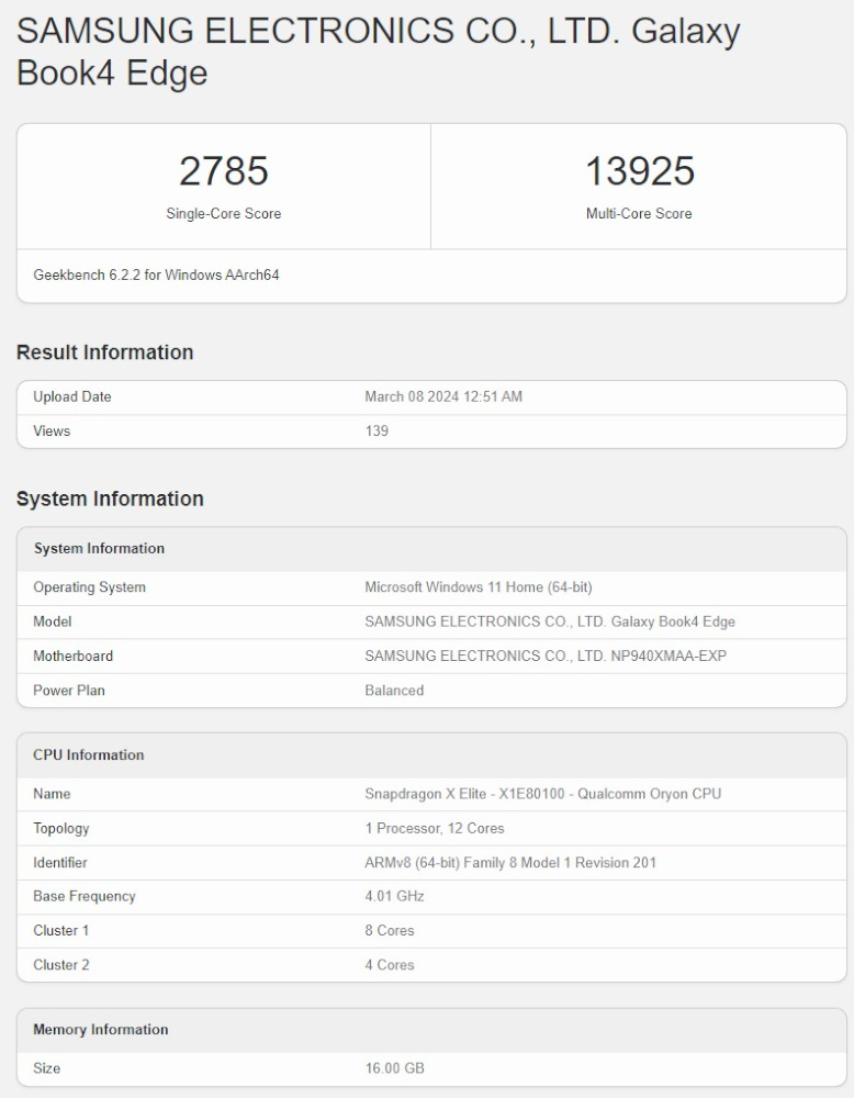 Geekbench specs and benchmark leak -Samsung Galaxy Book 4 Edge and Snapdragon X Elite.