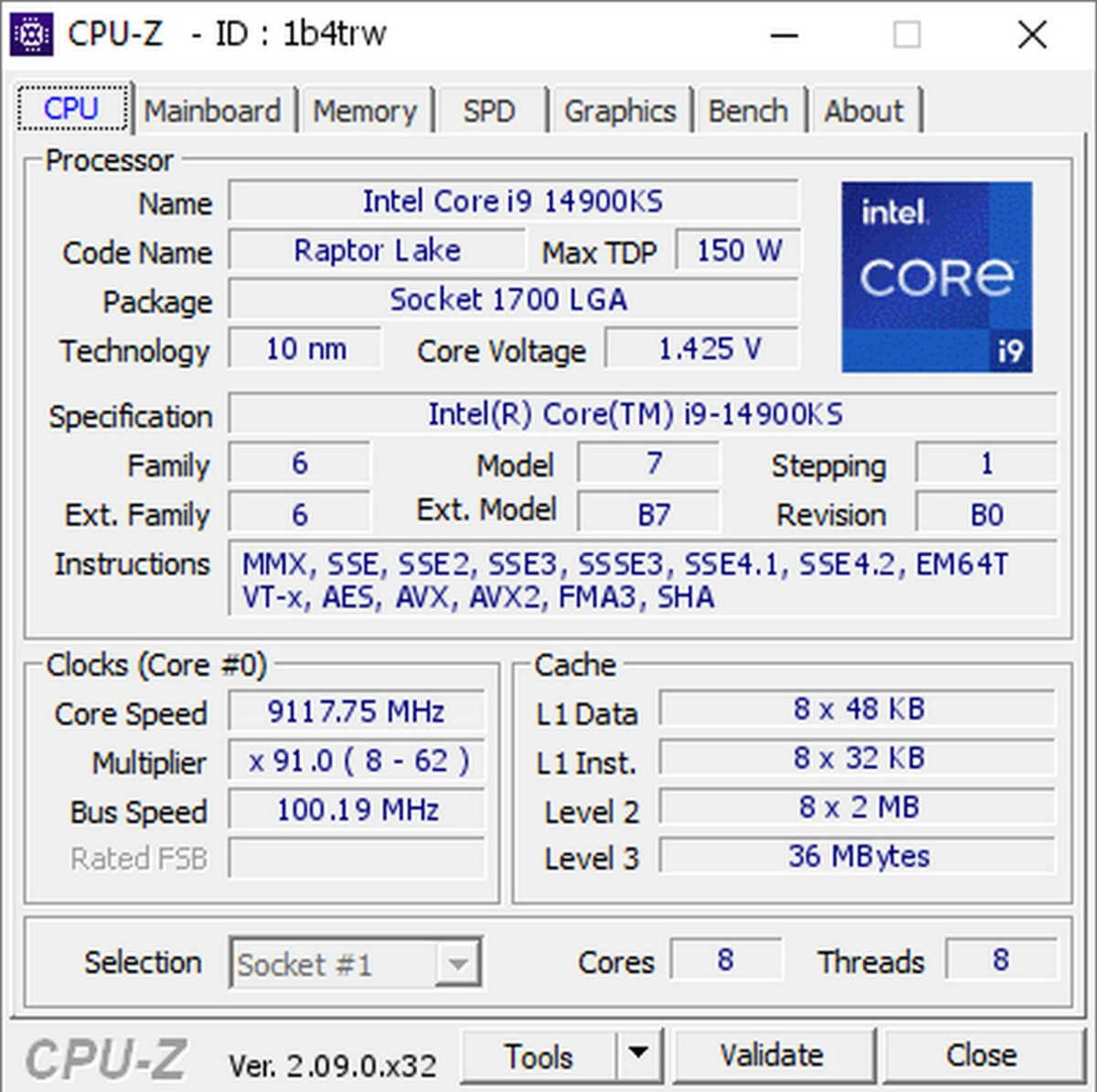 Intel Core i9-14900KS overclocked to 9.1GHz.