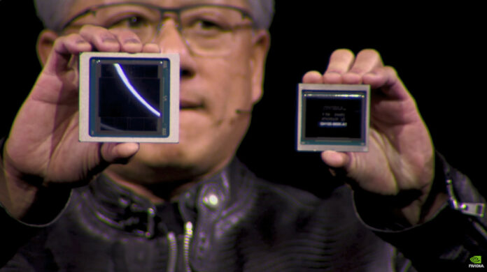 Jensen Huang introducing the Nvidia Blackwell B200 GPU to the world comparing it to Hopper H100.