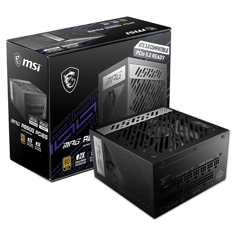 MSI MPG A850G PCIe5 with box set against a white background.