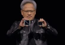 Nvidia CEO Jensen Huang at GTC presenting Blackwell GPU.
