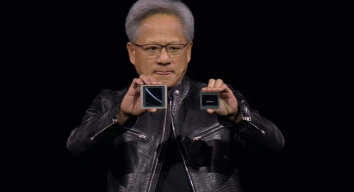 Nvidia CEO Jensen Huang at GTC presenting Blackwell GPU.