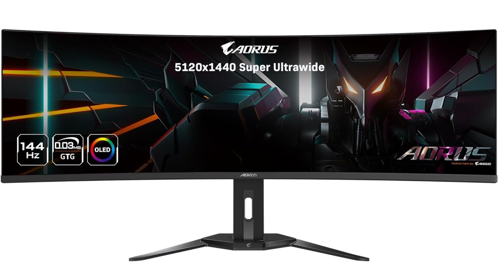 Gigabyte Aorus CO49DQ product photo shows the Super Ultrawide gaming monitor against a white background.