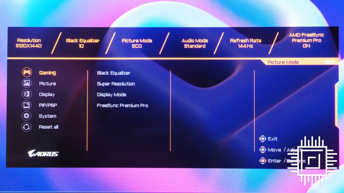 Gigabyte Aorus CO49DQ on-screen display main menu shows the specs.