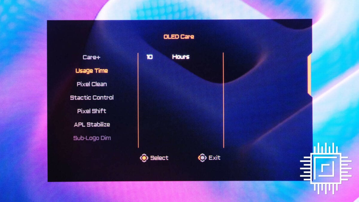 Gigabyte Aorus CO49DQ on-screen display OLED Care menu shows the monitor's total uptime.