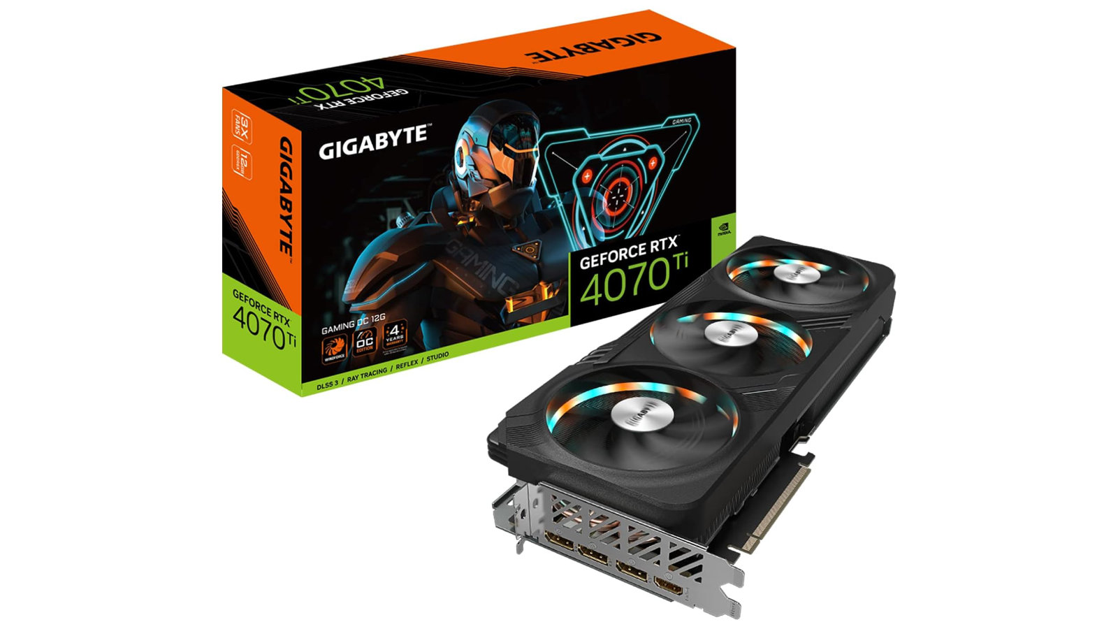 Gigabyte GeForce RTX 4070 Ti Gaming OC graphics card against a white background.