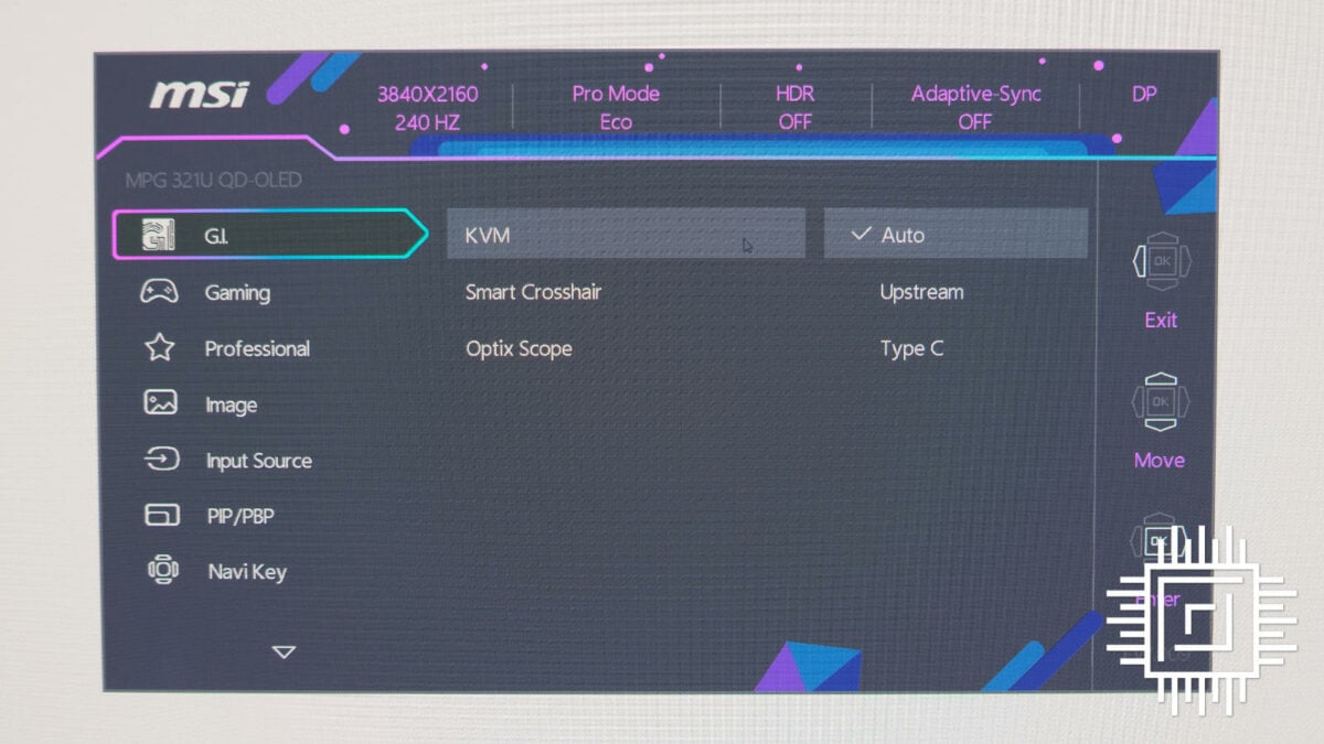 MSI MPG 321URX QD-OLED on-screen display (OSD) menu.