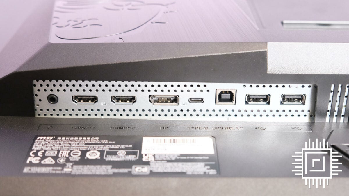 MSI MPG 321URX QD-OLED underside ports, including a 3.5mm audio jack, two HDMI 2.1 ports, a DisplayPort 1.4a, USB Type-C, Upstream USB Type-B, and two USB Type-A.