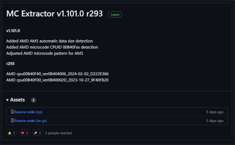 AMD AM5+ reference in a GitHub update repository for MC Extractor tool.