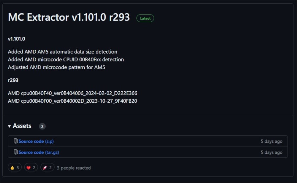AMD AM5+ reference in a GitHub update repository for MC Extractor tool.