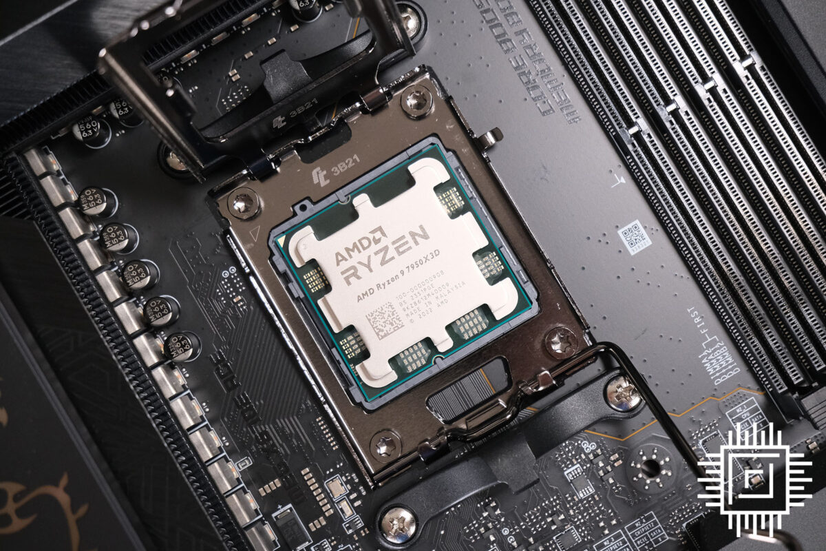 AMD Ryzen 9 7950X3D installed in AM5 socket on MSI MEG X670E ACE motherboard.