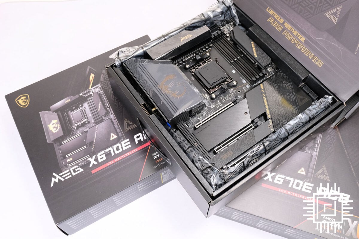 MSI MEG X670E ACE motherboard pictured in open box.