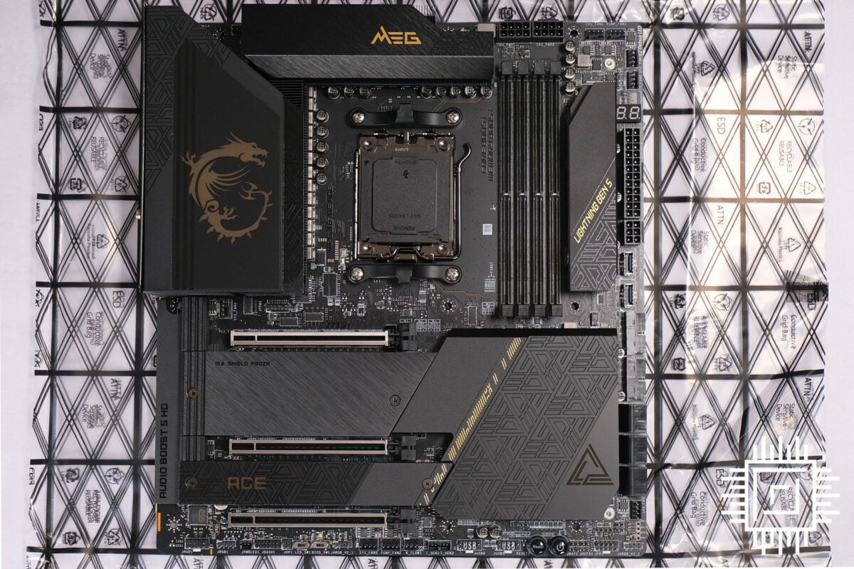 MSI MEG X670E ACE laid bare on anti-static bag.