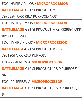 An image showing shipping manifests containing the works Microprocessor Battlemage G21 and G10.