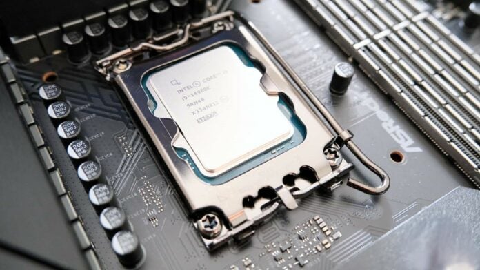 Intel Core 14900K CPU socketed into an ASRock motherboard.