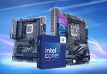 Intel Core i9 CPU box alongside Asus Z790 motherboards.
