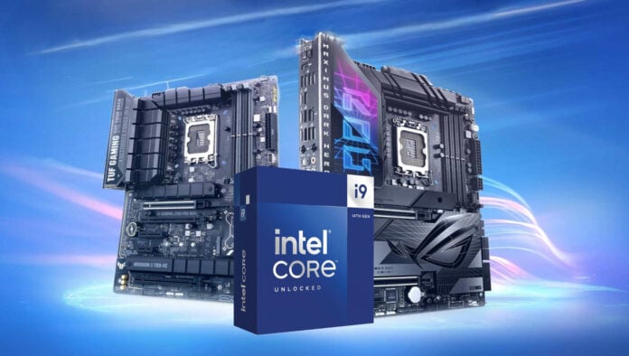 Intel Core i9 CPU box alongside Asus Z790 motherboards.